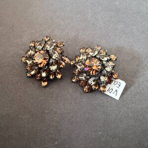 Vintage Unsigned Japanned Rhinestone Cluster Earrings